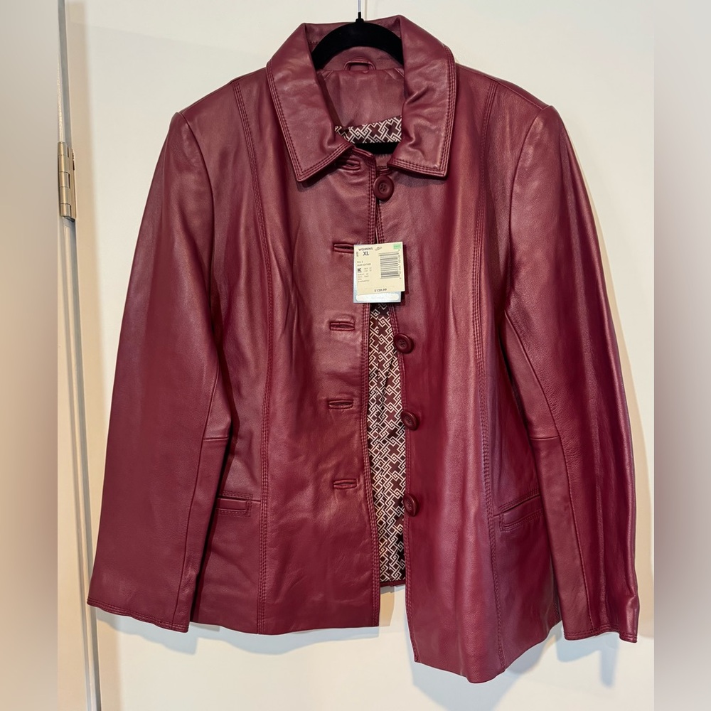 Women's Burgundy Leather Button-Front Jacket